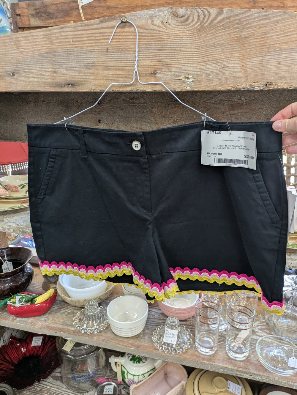 New Crown & Ivy Black Women's Shorts with Scallop Pink & Yellow Trim